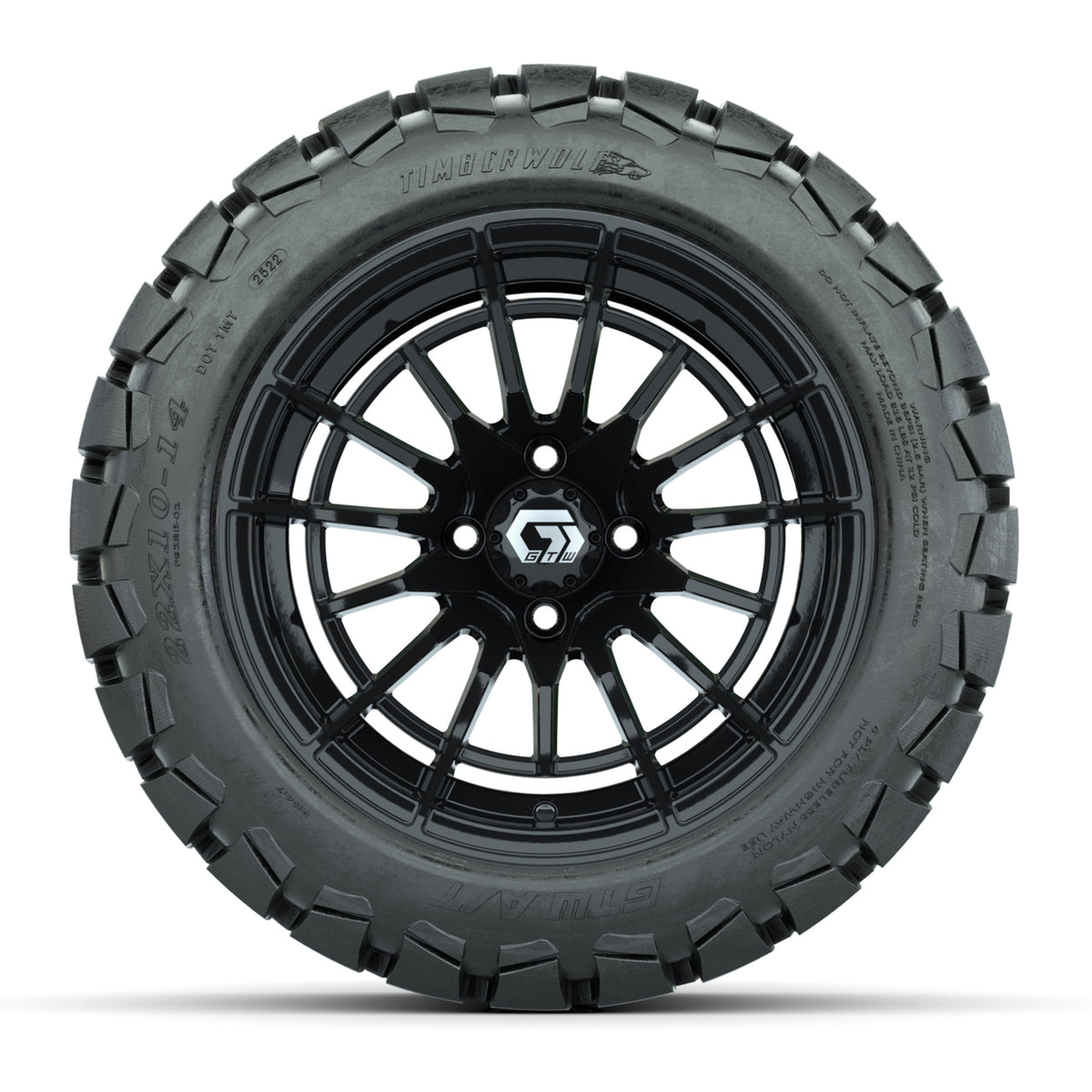 GTW® Boost Gloss Black 14 in Wheels with 22x10-14 Timberwolf All-Terrain Tires Full Set
