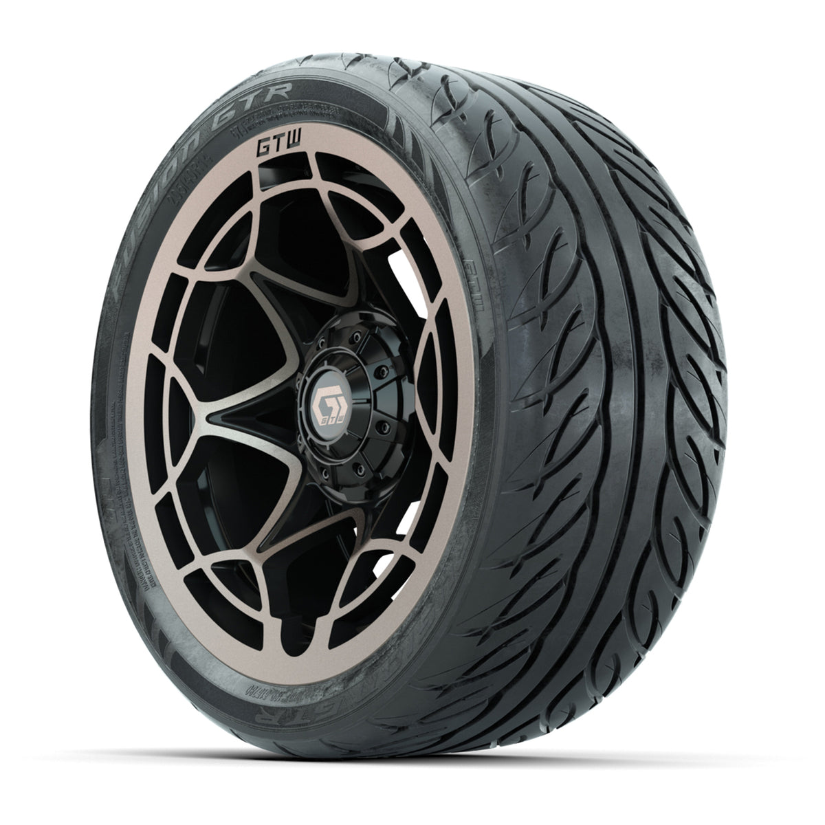 GTW® Nexus Gloss Black/Bronze 14 in Wheels with 205/40-R14 Fusion GTR Steel Belted Street Tires Full Set