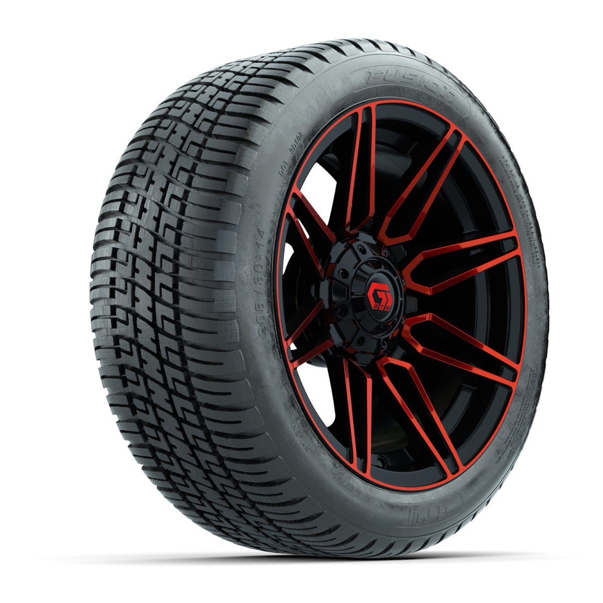 GTW® Stealth Gloss Black/Red 14 in Wheels with 205/30-14 Fusion Street Tires Full Set