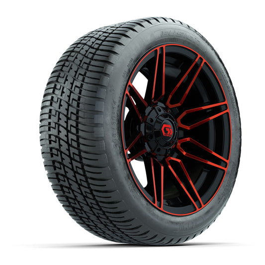 GTW® Stealth Gloss Black/Red 14 in Wheels with 205/30-14 Fusion Street Tires Full Set
