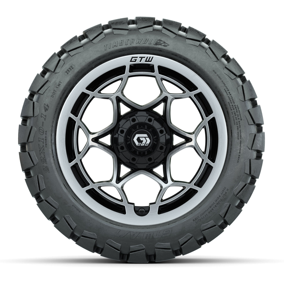 GTW® Nexus Gloss Black/Silver 14 in Wheels with 22x10-14 Timberwolf All-Terrain Tires Full Set