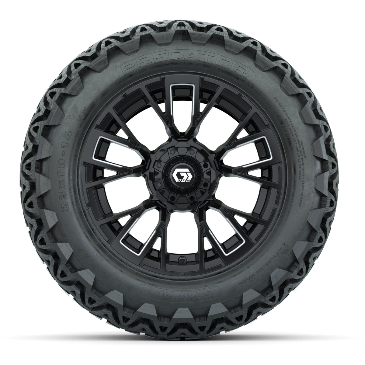 GTW® Vandal Matte Black/Machined 14 in Wheels with 23x10-14 Predator All-Terrain Tires Full Set