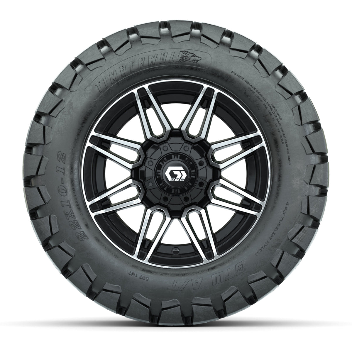 GTW® Stealth Black/Machined 12 in Wheels with 22x10-12 Timberwolf All-Terrain Tires Full Set
