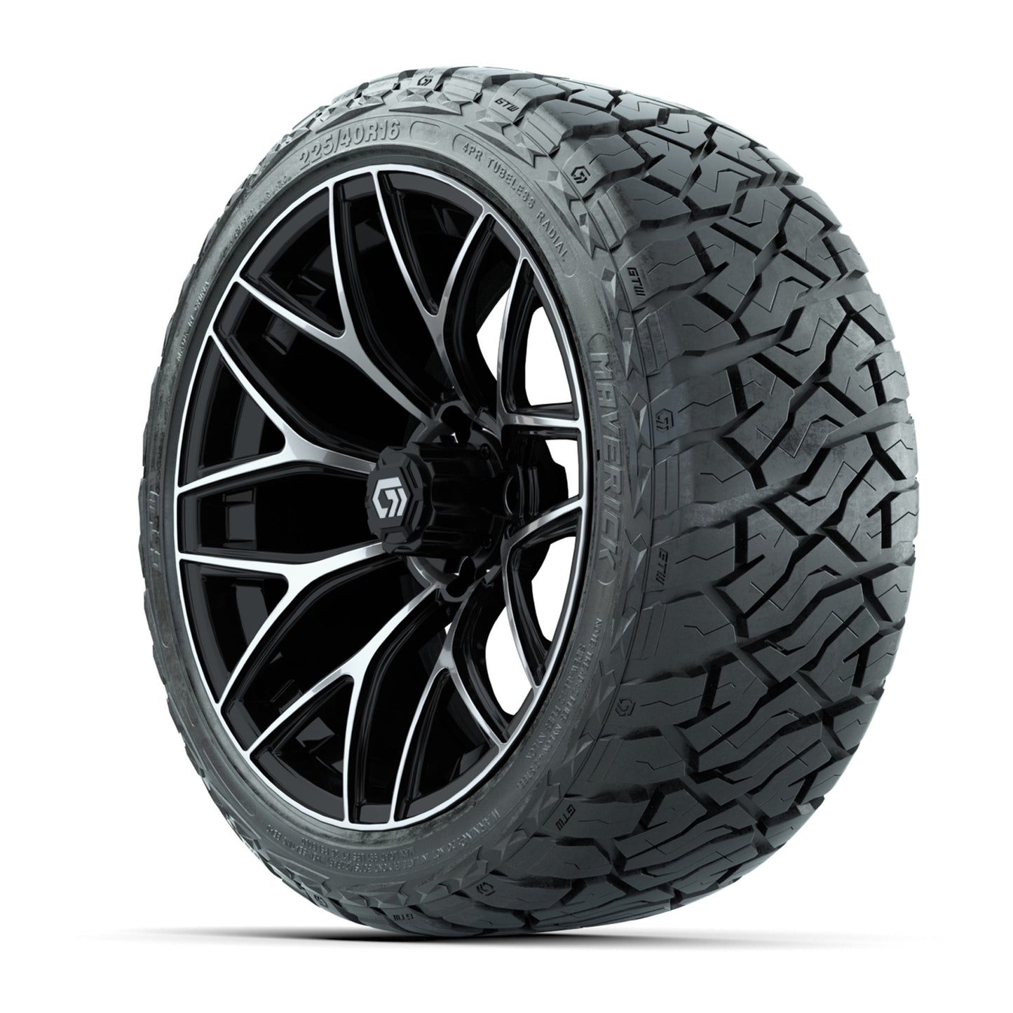 GTW 16" Monaco Black/Machined Golf Cart Wheels & 225/40-R16 Maverick Street Tires