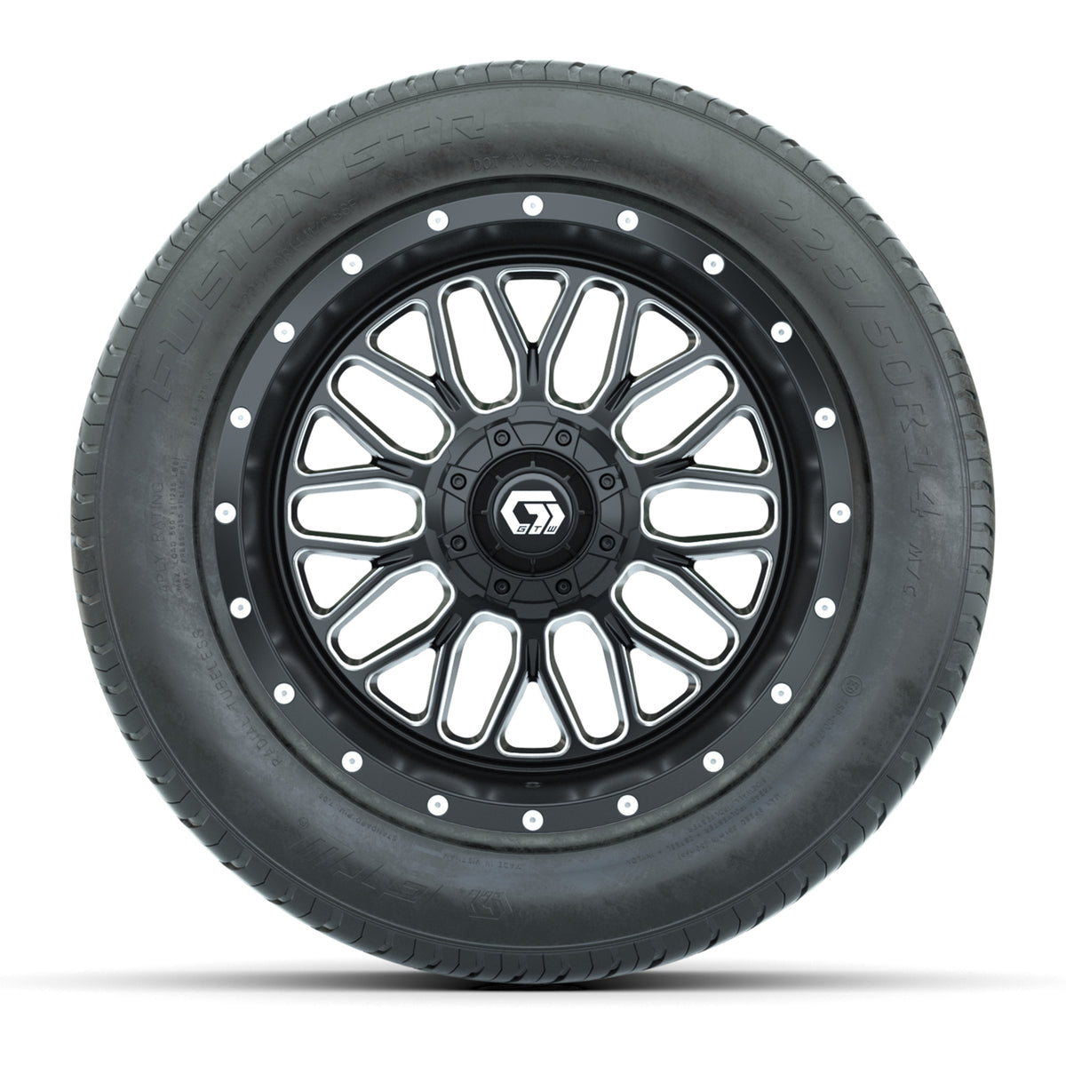 GTW® Helix Black and Machined 14" Wheels with 255/50-R14 Fusion STR DOT Approved Street Tires - Full Set