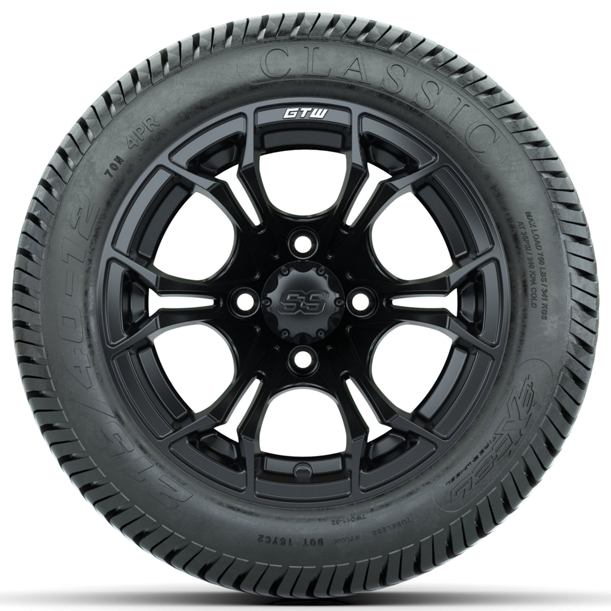 GTW Spyder Matte Black 12" Wheels with 215/40-12 Excel Classic Street Tires Full Set