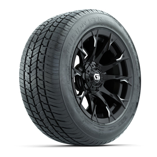 GTW® Diablo Gloss Black and Machined 14" Wheels with 255/50-R14 Fusion STR DOT Approved Street Tires - Full Set
