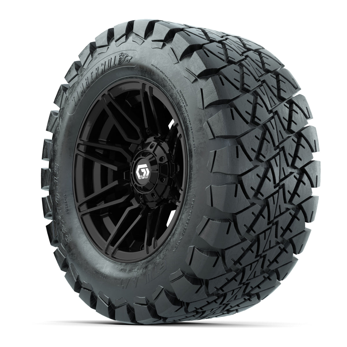GTW® Stealth Gloss Black 12 in Wheels with 22x10-12 Timberwolf All-Terrain Tires Full Set