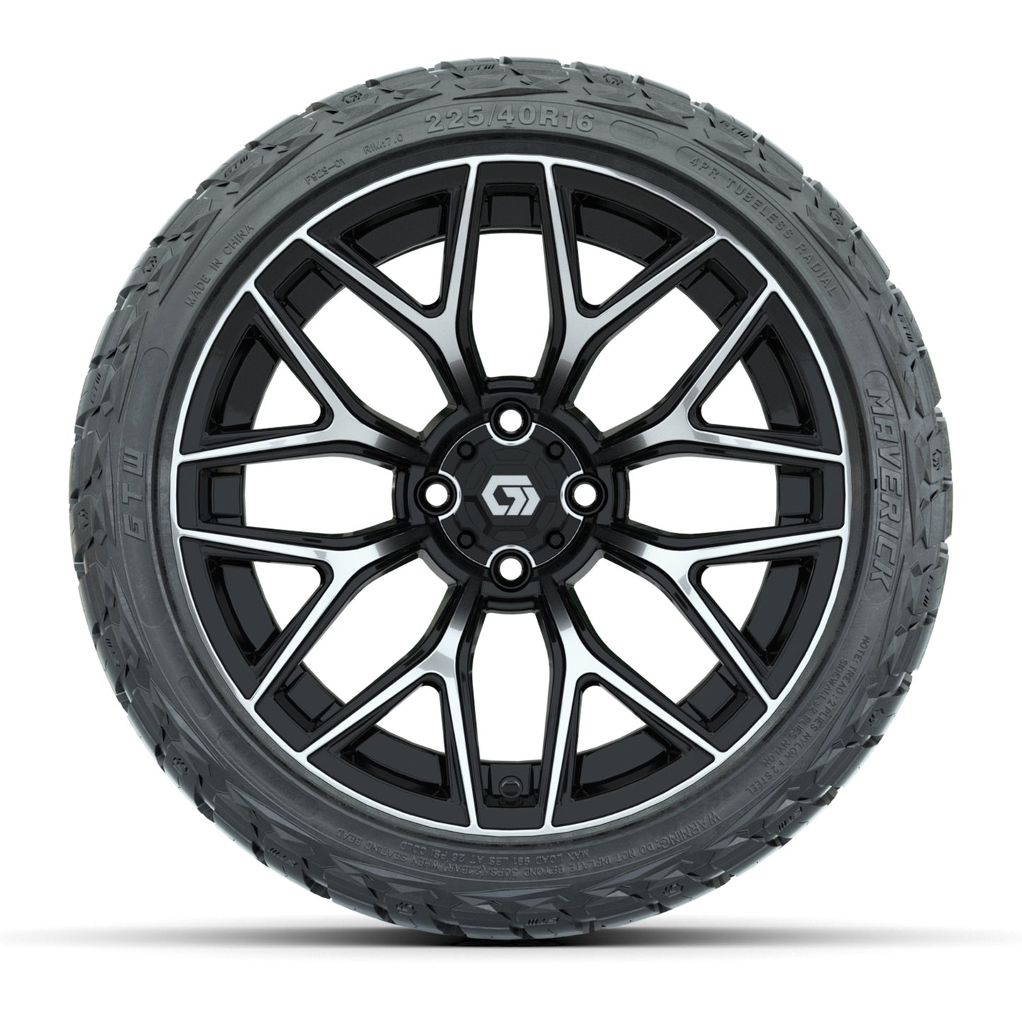 GTW 16" Monaco Black/Machined Golf Cart Wheels & 225/40-R16 Maverick Street Tires