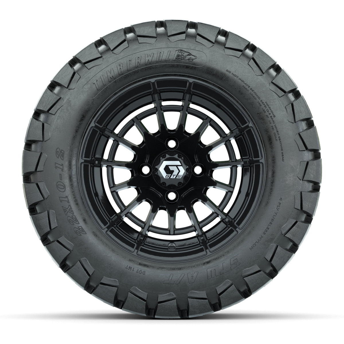 GTW® Boost Gloss Black 12 in Wheels with 22x10-12 Timberwolf All-Terrain Tires Full Set