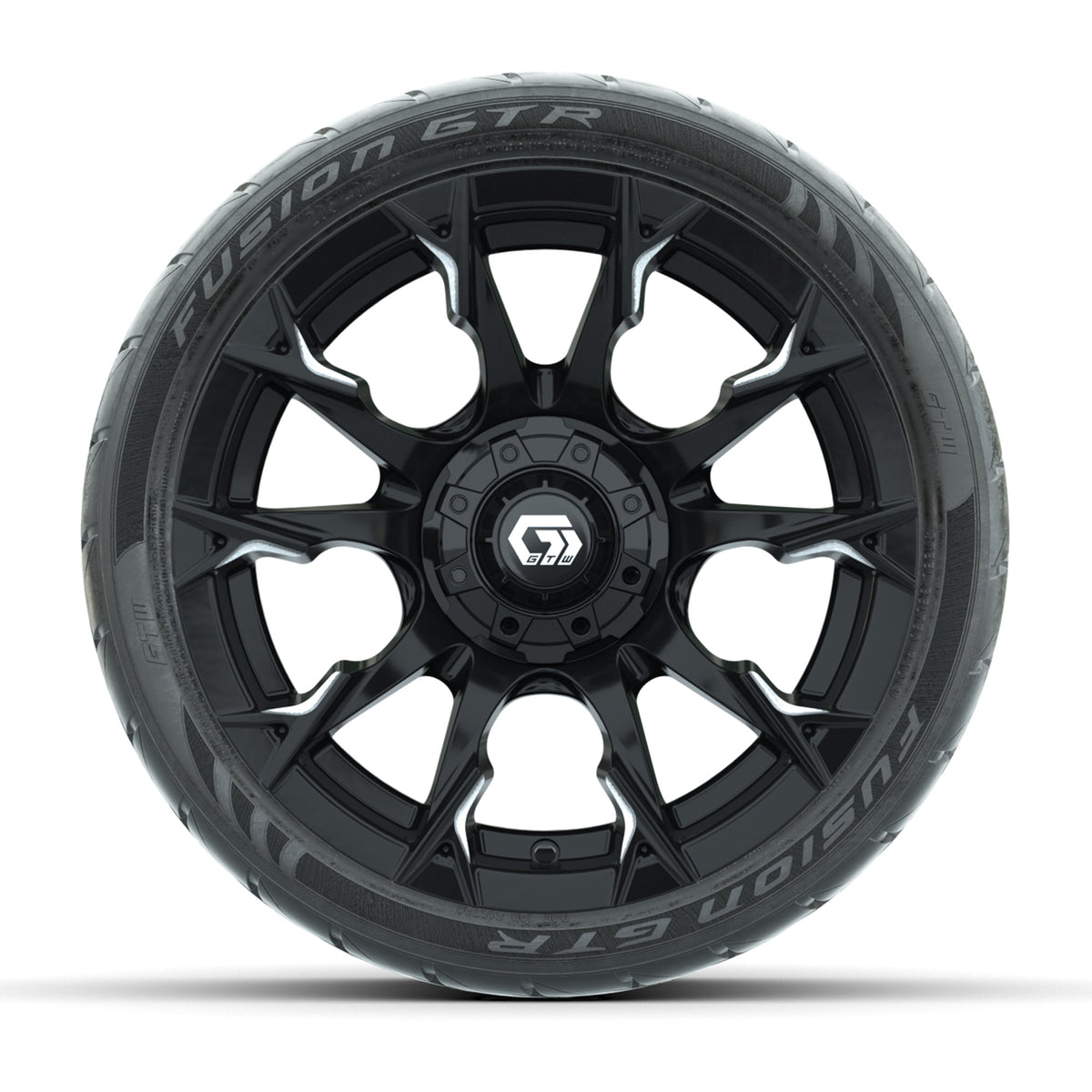 GTW® Diablo Gloss Black/Machined 14 in Wheels with 205/40-R14 Fusion GTR Steel Belted Street Tires Full Set