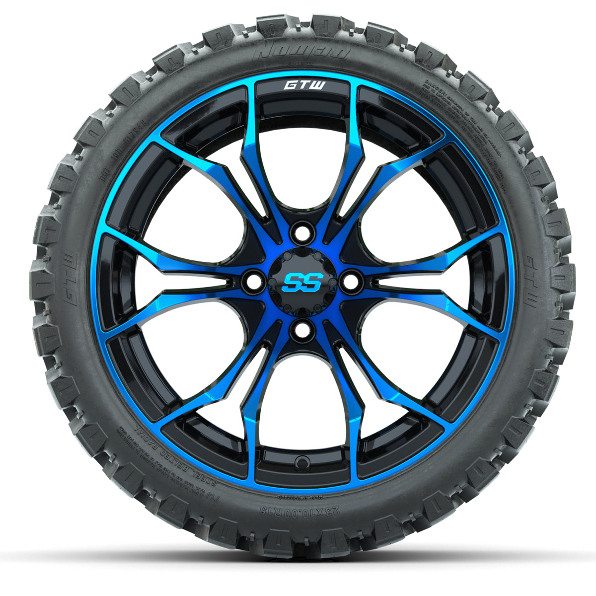 GTW Spyder Blue/Black 15 inch Wheels with 23x10-R15 Nomad All-Terrain Tires Full Set
