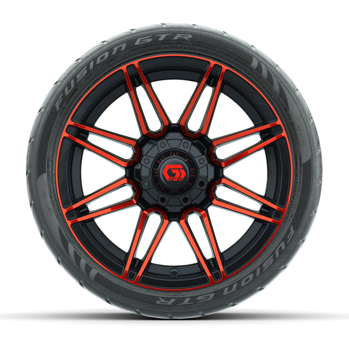 GTW® Stealth Gloss Black/Red 14 in Wheels with 205/40-R14 Fusion GTR Steel Belted Street Tires Full Set