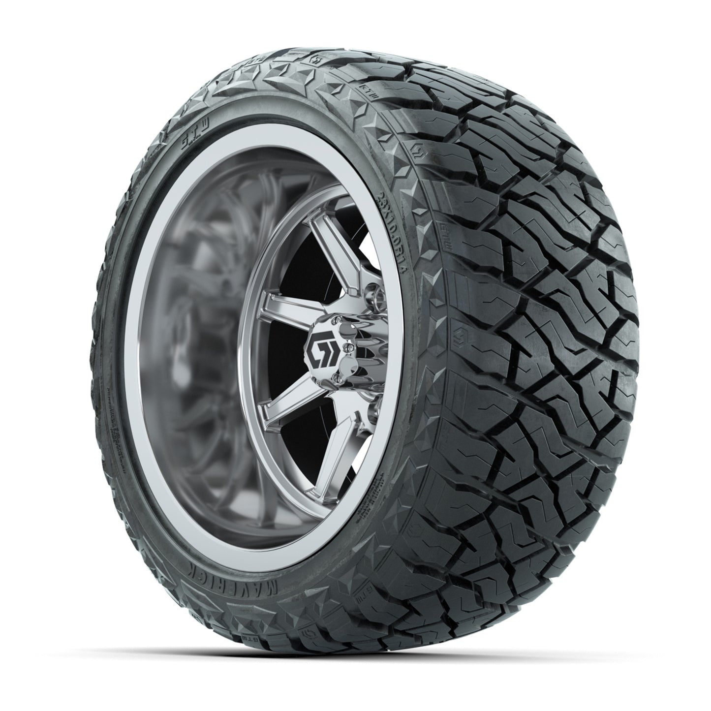 GTW Reaper Chrome 14" Golf Cart Wheels & 23X10-R14 Maverick Steel Belted Radial A/T Tires – Set of 4