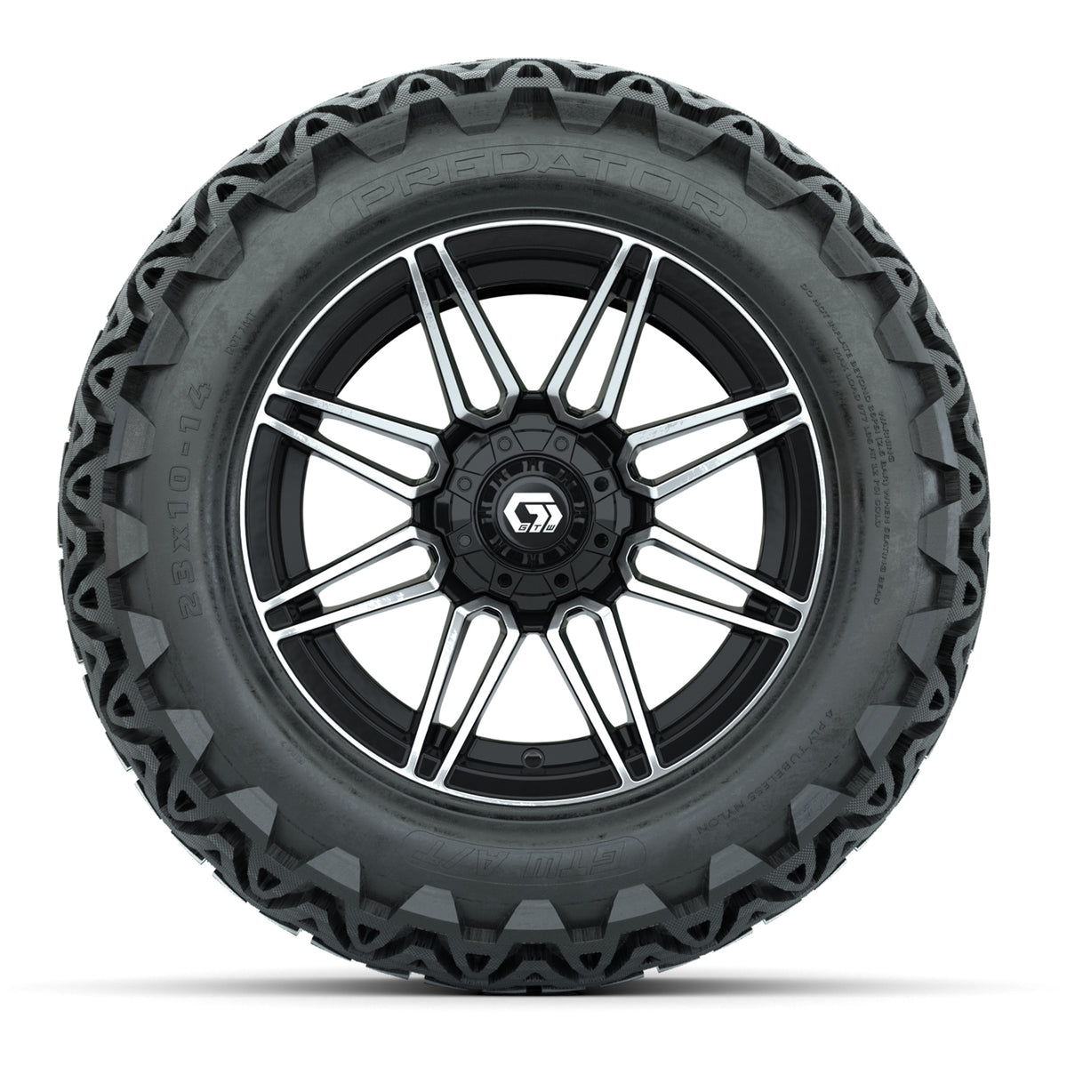 GTW® Stealth Gloss Black/Machined 14 in Wheels with 23x10-14 Predator All-Terrain Tires Full Set
