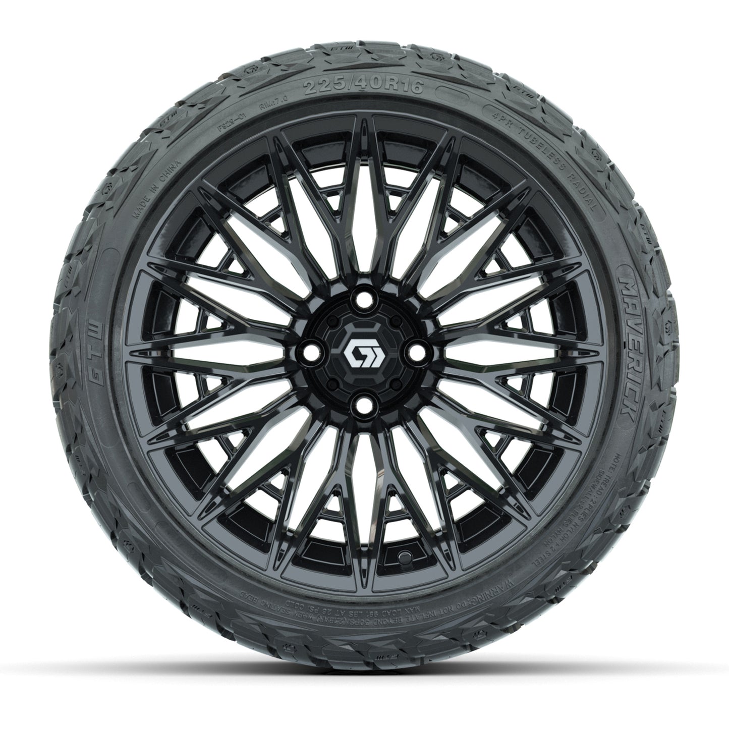GTW 16" BLUR Gloss Black Golf Cart Wheels & 225/40R16 Maverick All-Terrain Tires