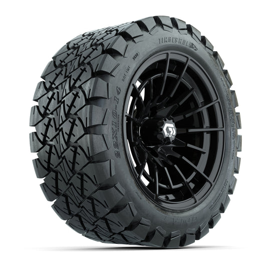 GTW® Boost Gloss Black 14 in Wheels with 22x10-14 Timberwolf All-Terrain Tires Full Set