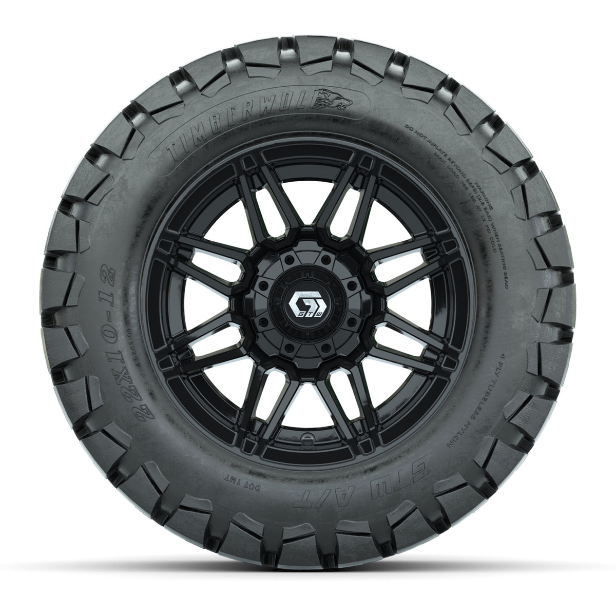 GTW® Stealth Gloss Black 12 in Wheels with 22x10-12 Timberwolf All-Terrain Tires Full Set