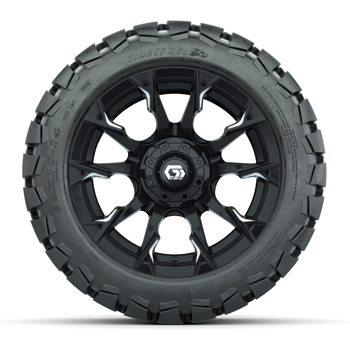 GTW® Diablo Gloss Black/Machined 14 in Wheels with 22x10-14 Timberwolf All-Terrain Tires Full Set