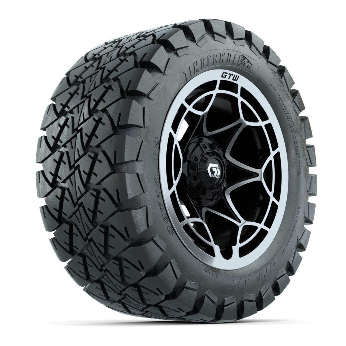 GTW® Nexus Gloss Black 12 in Wheels with 22x10-12 Timberwolf All-Terrain Tires Full Set