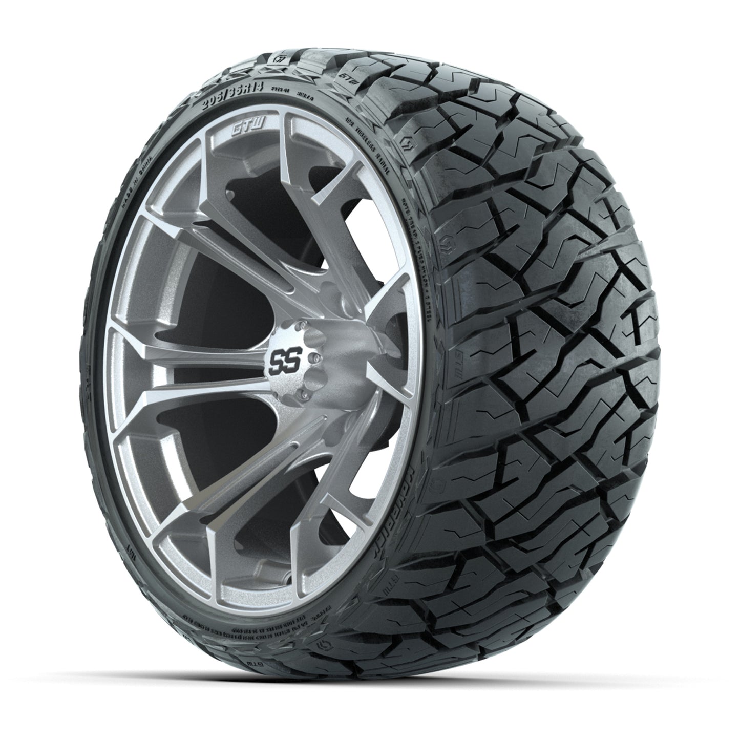 GTW Spyder Silver Brush 14" Wheels & 205/35-R14 Maverick Low-Profile AT Tires – Set of 4