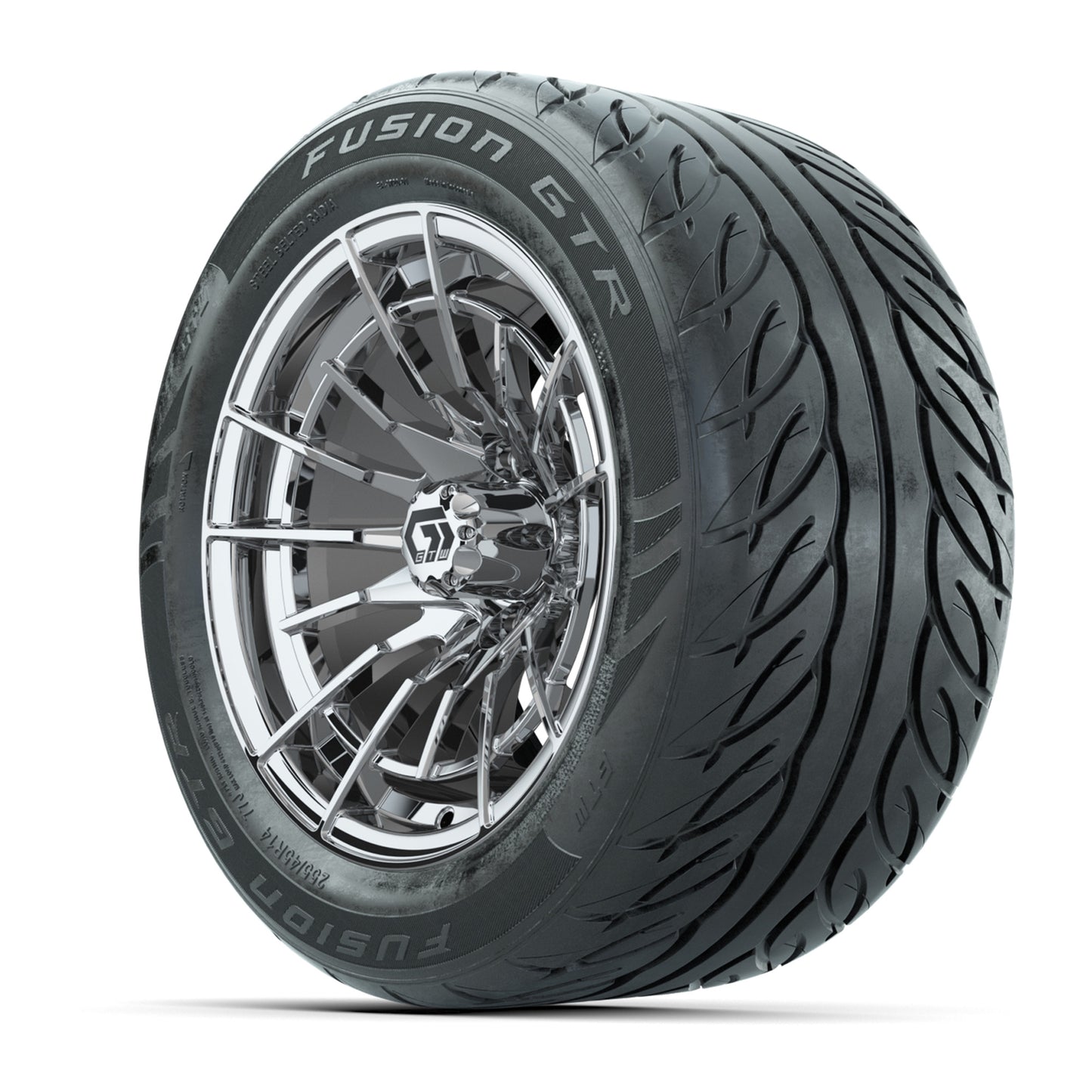 14" GTW® Boost Chrome Golf Cart Wheels & 255/45-R14 Fusion GTR Radial Street Tires (Set of 4)