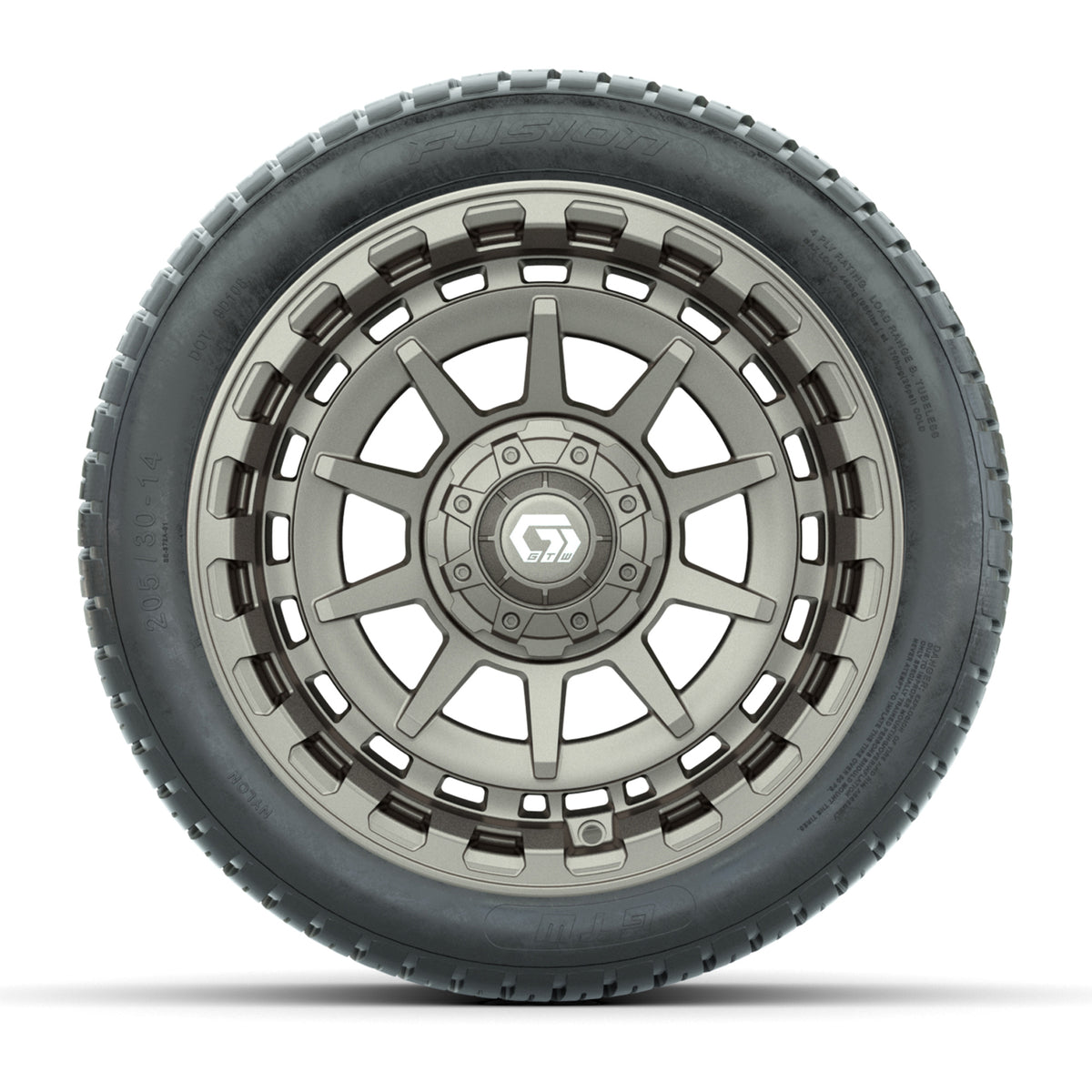 GTW® Barricade Satin Bronze 14 in Wheels with 205/30-14 Fusion Street Tires Full Set