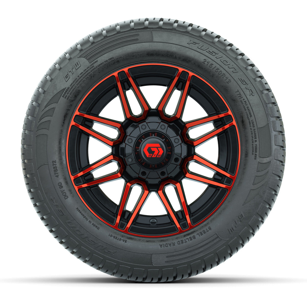 GTW Stealth 12" Black/Red Golf Cart Wheels & 215/50-R12 Fusion S/R Radial Tires – Set of 4