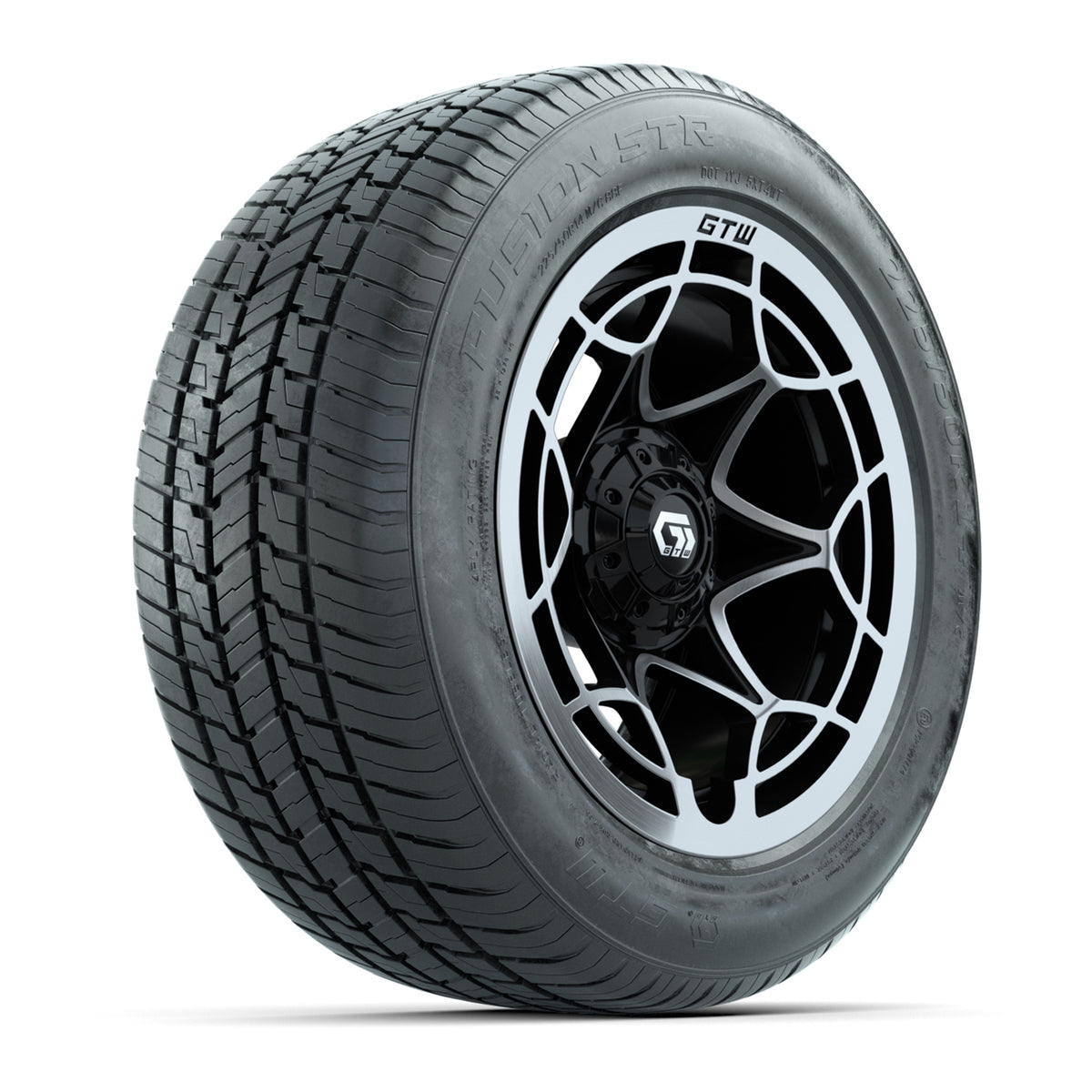 GTW® Nexus Gloss Black and Silver 14" Wheels with 255/50-R14 Fusion STR DOT Approved Street Tires - Full Set