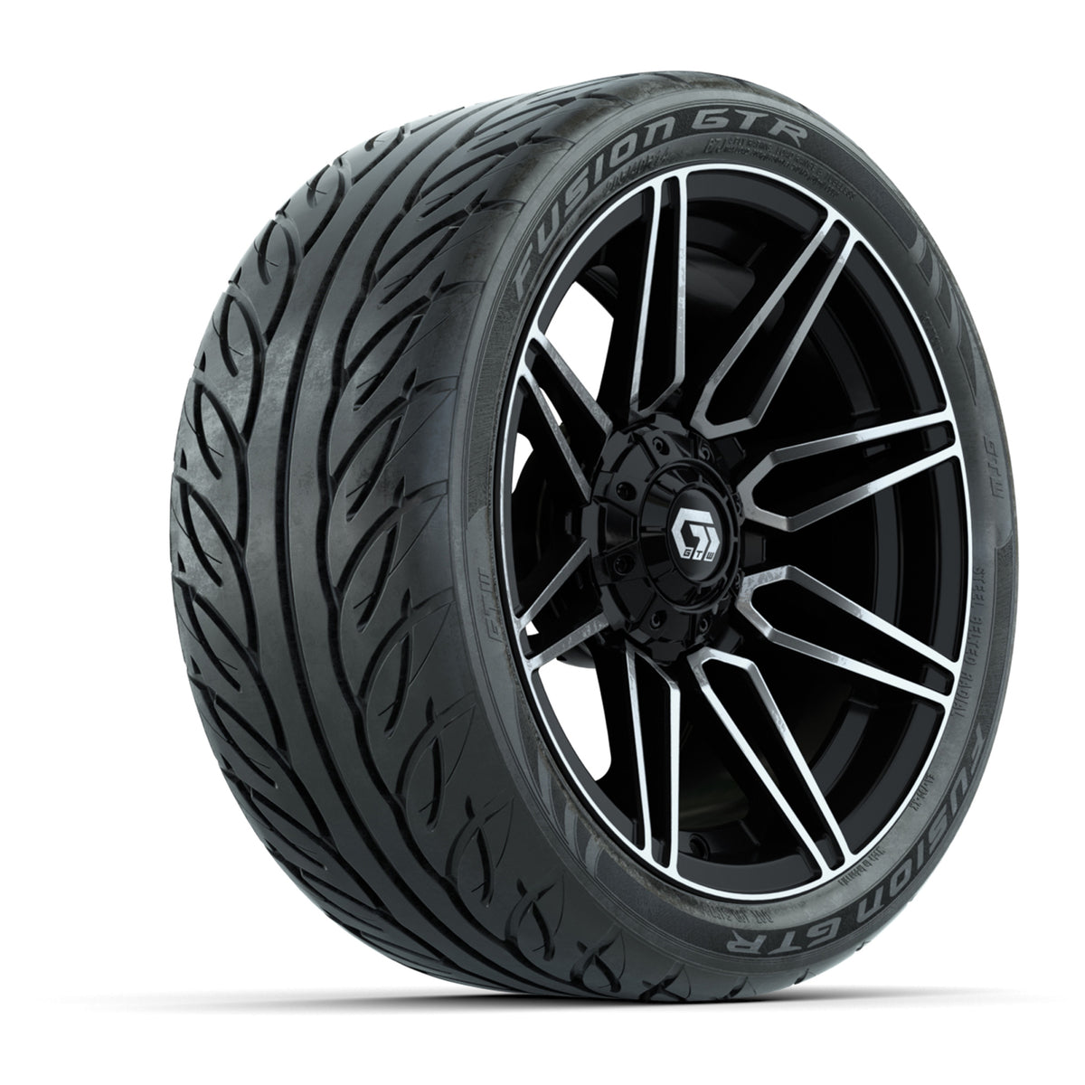 GTW® Stealth Gloss Black/Machined 14 in Wheels with 205/40-R14 Fusion GTR Steel Belted Street Tires Full Set