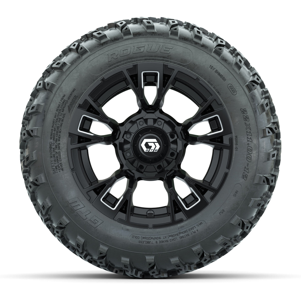 GTW® Vandal Matte Black/Machined 12 in Wheels with 22x11.00-12 Rogue All-Terrain Tires Full Set