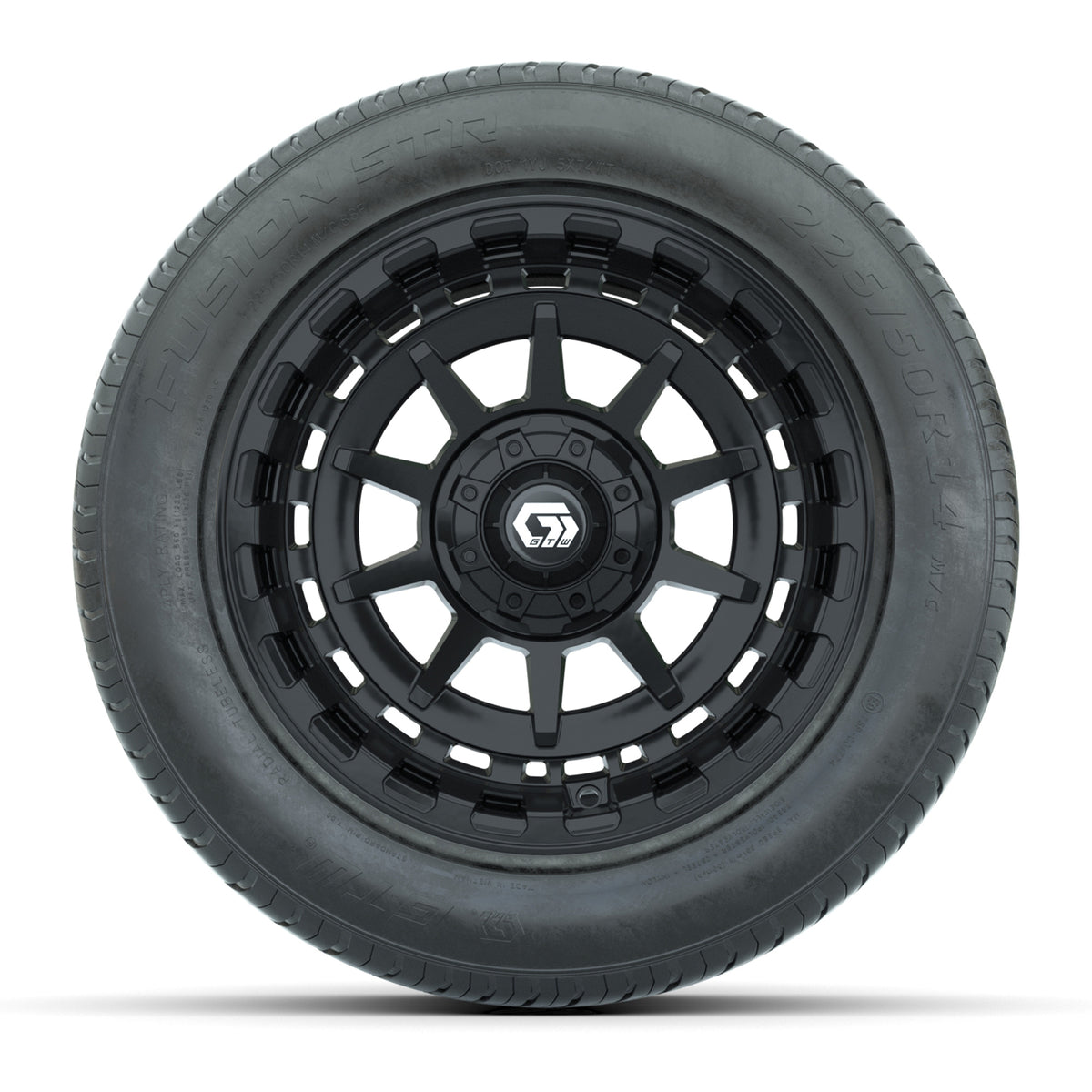 GTW® Barricade Gloss Black 14" Wheels with 255/50-R14 Fusion STR DOT Approved Street Tires - Full Set