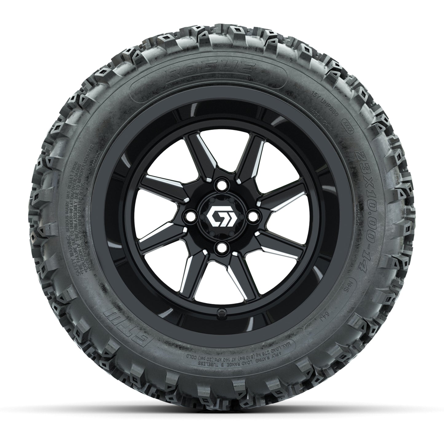 GTW Reaper Black & Machined 14" Golf Cart Wheels & 23X10-R14 Rogue A/T Tires – Set of 4