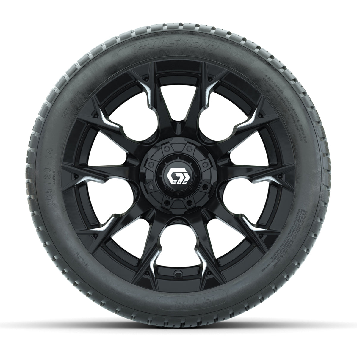 GTW® Diablo Gloss Black/Machined 14 in Wheels with 205/30-14 Fusion Street Tires Full Set