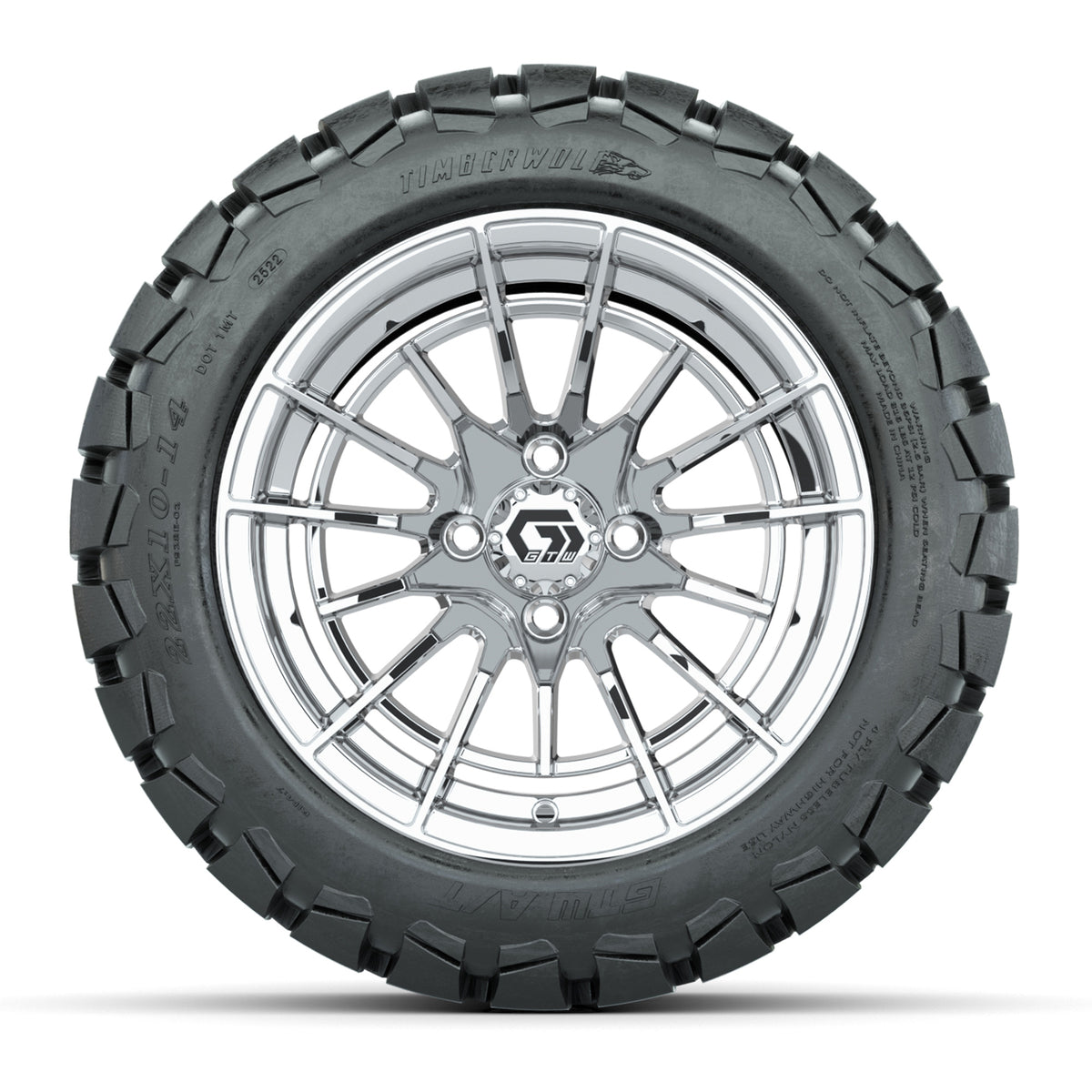 GTW® Boost Chrome 14 in Wheels with 22x10-14 Timberwolf All-Terrain Tires Full Set
