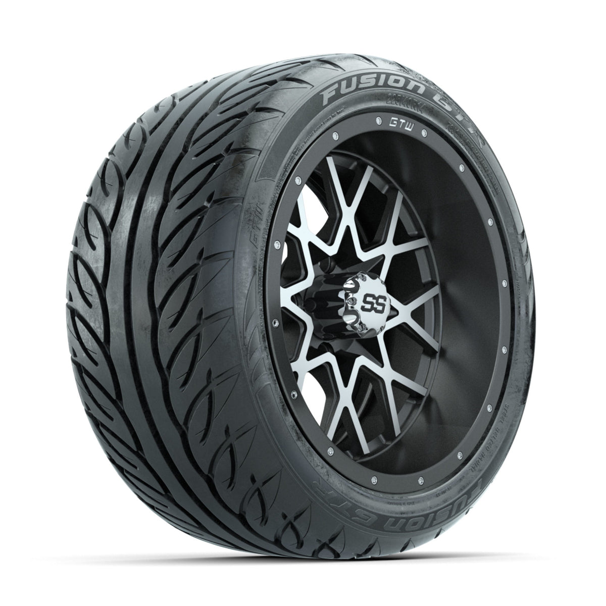 GTW Vortex Machined/Matte Grey 14 in Wheels with 225/40-R14 Fusion GTR Street Tires Full Set