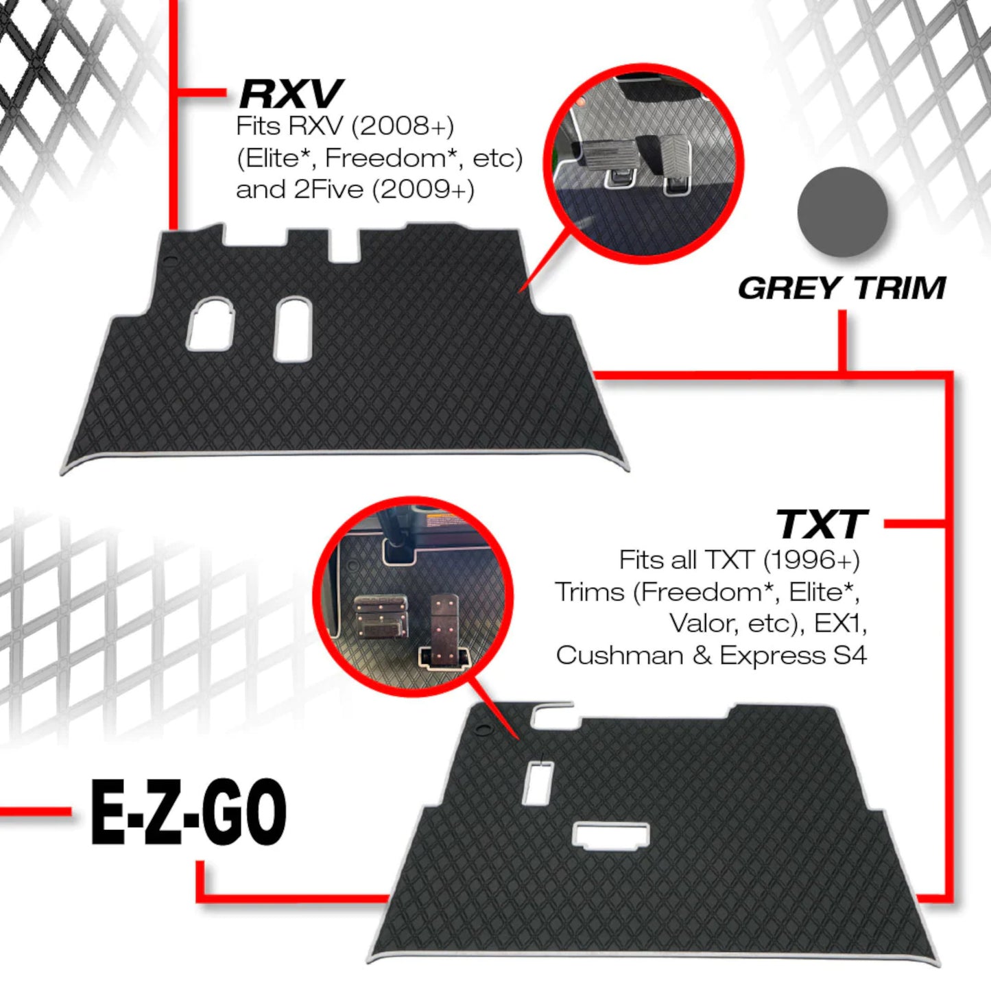 Xtreme Mats Full-Coverage Golf Cart Floor Mat | EZGO RXV 2008-2022 / 2Five / Western – Black/Red