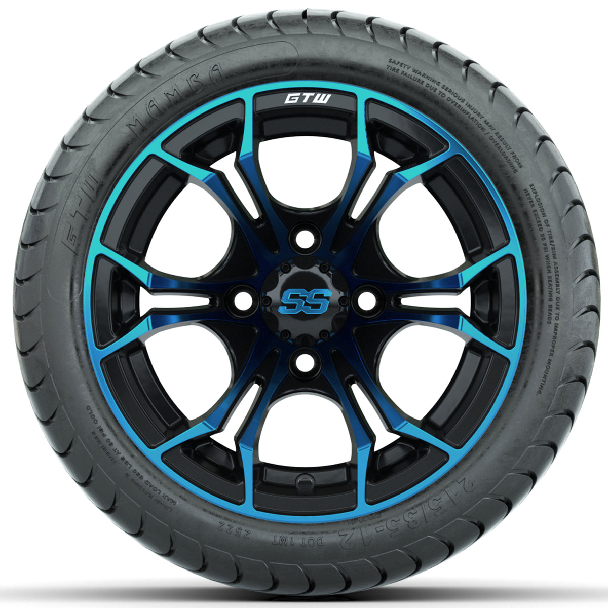 GTW Spyder Blue/Black 12 in Wheels with 215/35-12 GTW Mamba Street Tires Full Set