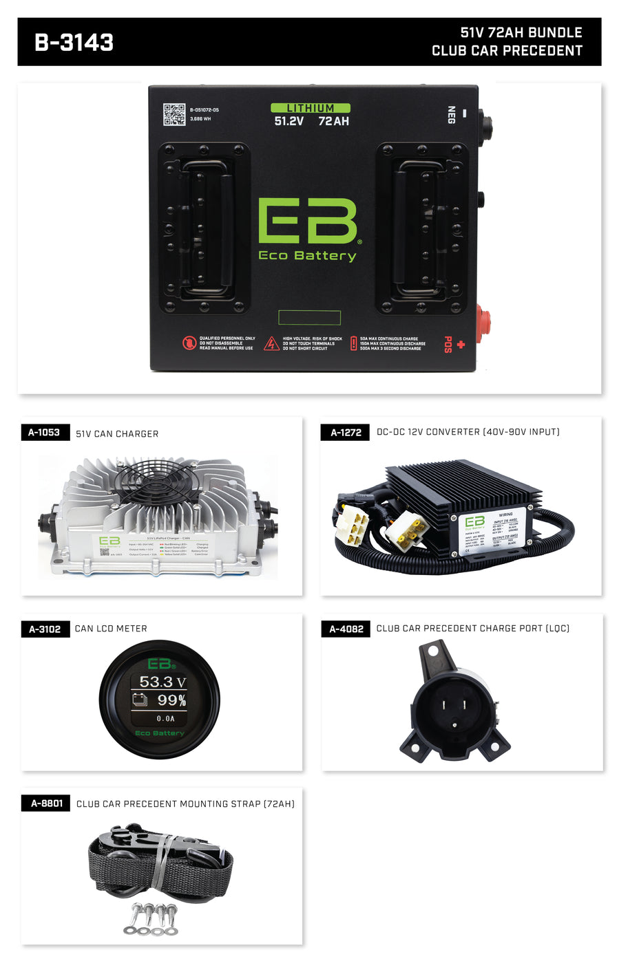Eco Lithium Battery Complete Bundle for Club Car Precedent (09+)/Onward/Tempo 51V 60 AH- Cube