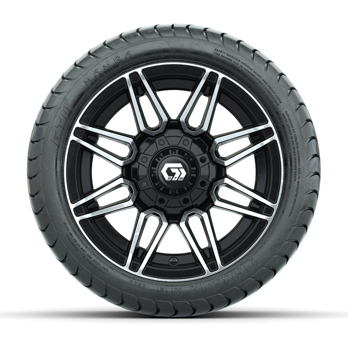 GTW® Stealth Black/Machined 12 in Wheels with 215/35-12 Mamba Street Tires Full Set